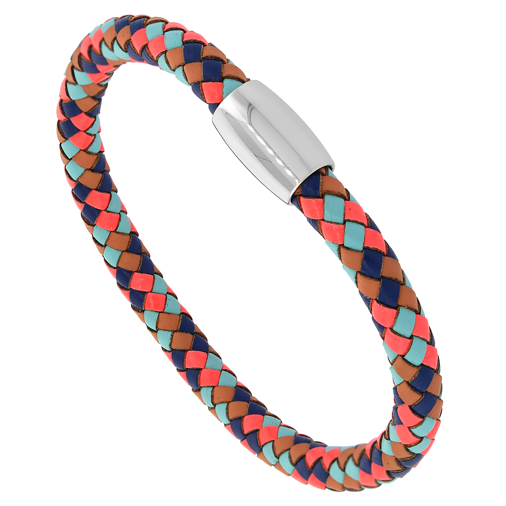 Multicolor Leather Bracelet Braid Stainless Steel Magnetic Clasp 6 mm, 8 inches long