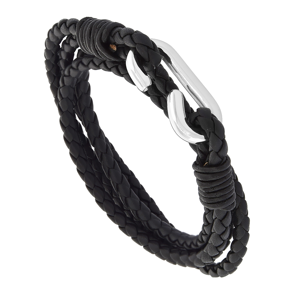 Black Leather Wrap Bracelet Rope Stainless Steel Hook Clasp 16 mm, fits 6.5 - 8 inches long
