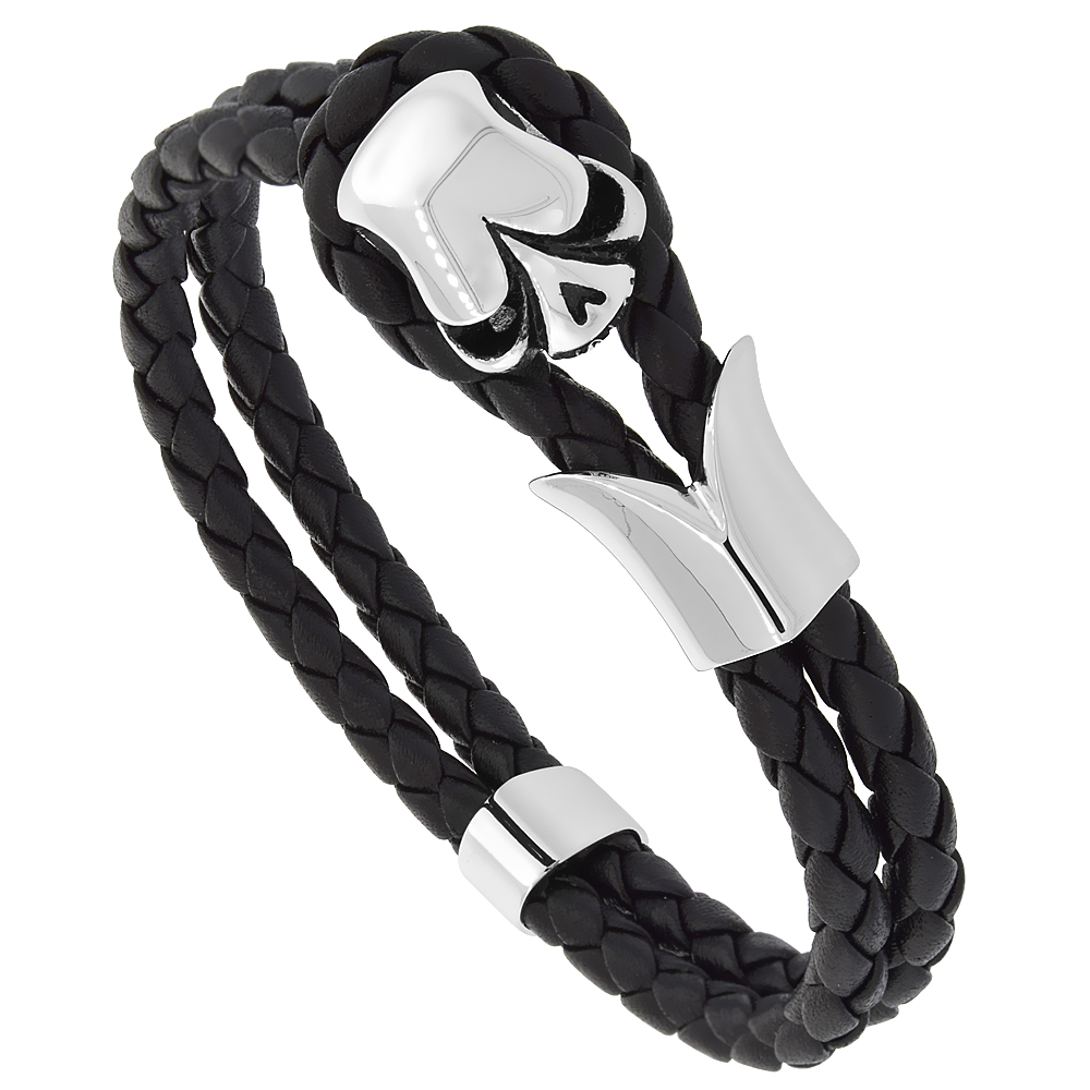Black Leather Bracelet 2-Strand Rope Stainless Steel Skull Toggle Clasp 10 mm, 8.5 inches long