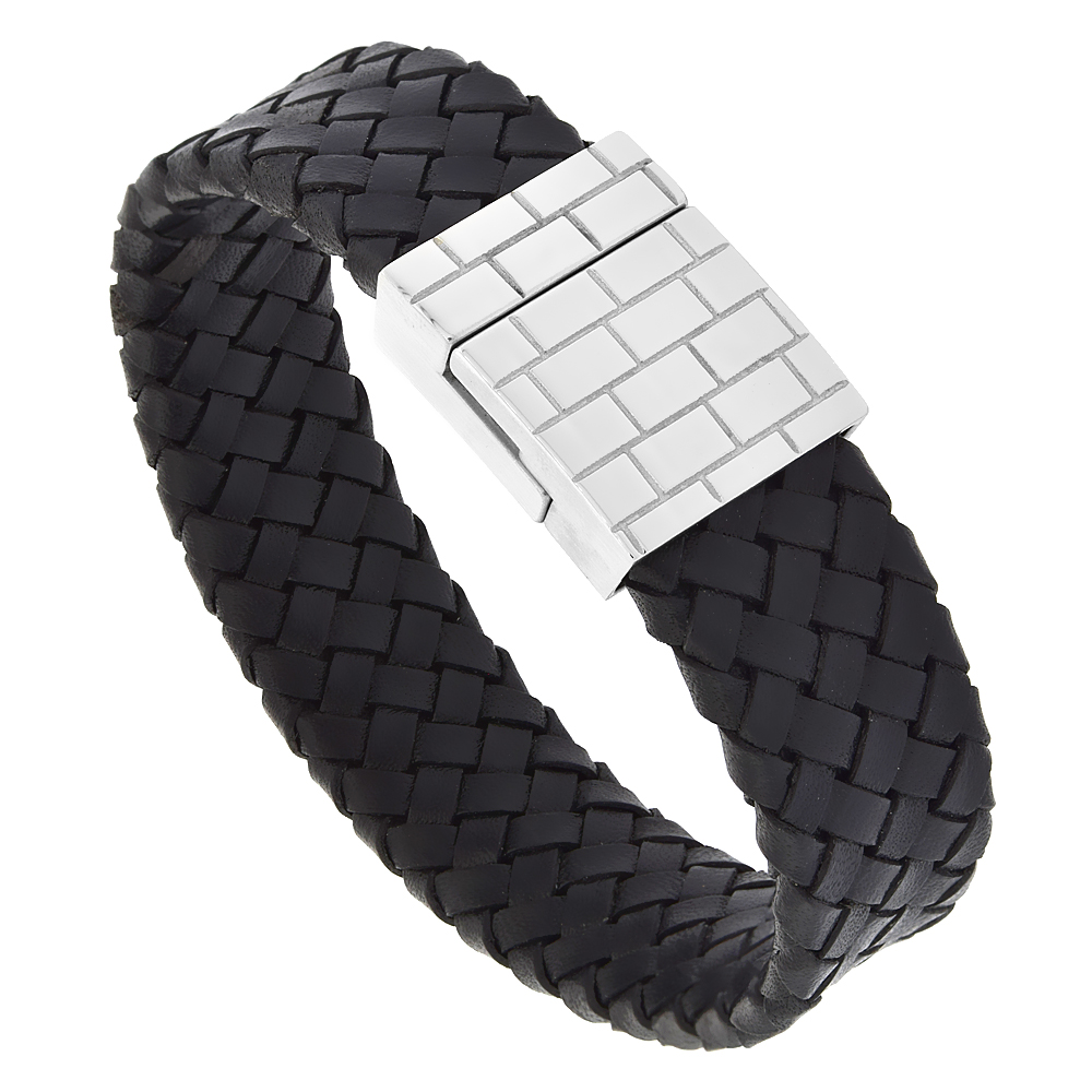 Black Leather Bracelet Wide Flat Braid for Men Stainless Steel Clasp 20 mm, 8.5 inches long