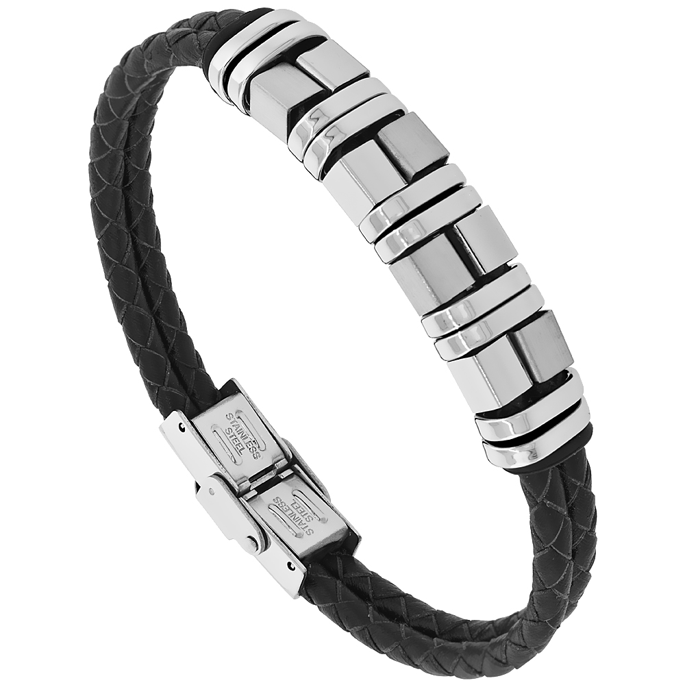 Black Leather Bracelet Braided 2-Row Geometric Stainless Steel Findings, fits 8 inch wrists