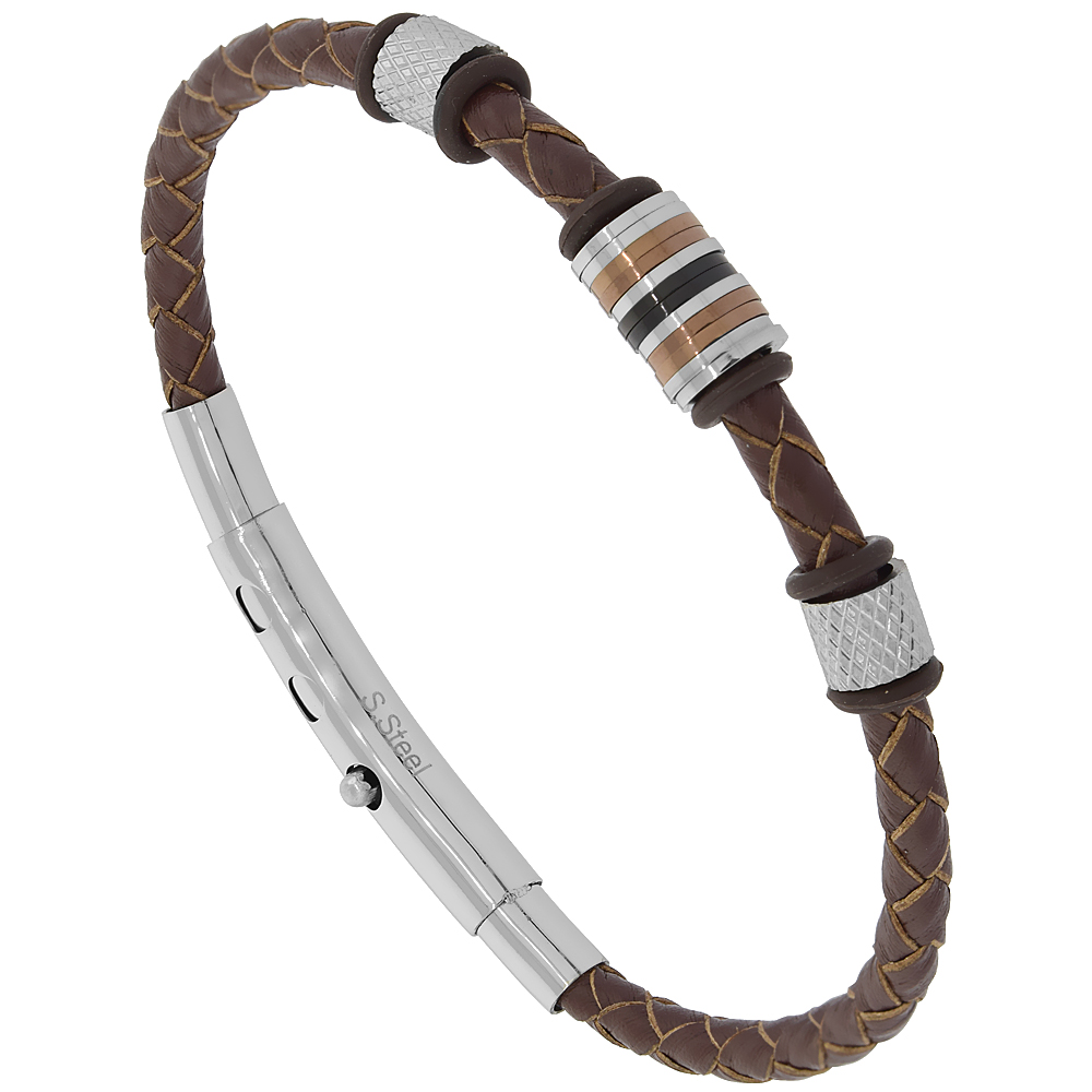 Brown Adjustable Leather Braided Station Bracelet Stainless Steel & Rubber Findings, fits 7.5 - 8 inch