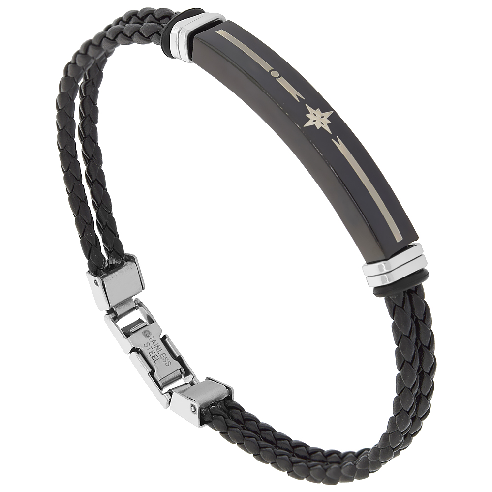 Black Leather Star Bracelet 2-Row Braided Stainless Steel & Rubber Findings, 8.5 inches long