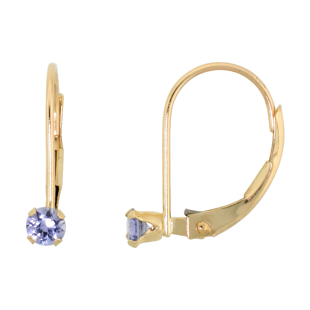 10K YELLOW GOLD NATURAL BLUE TOPAZ LEVERBACK EARRINGS 2.5MM BRILLIANT CUT DECEMBER BIRTHSTONE, 9/16 INCH LONG