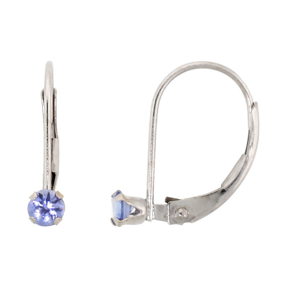 10K WHITE GOLD NATURAL BLUE TOPAZ LEVERBACK EARRINGS 2.5MM BRILLIANT CUT DECEMBER BIRTHSTONE, 9/16 INCH LONG