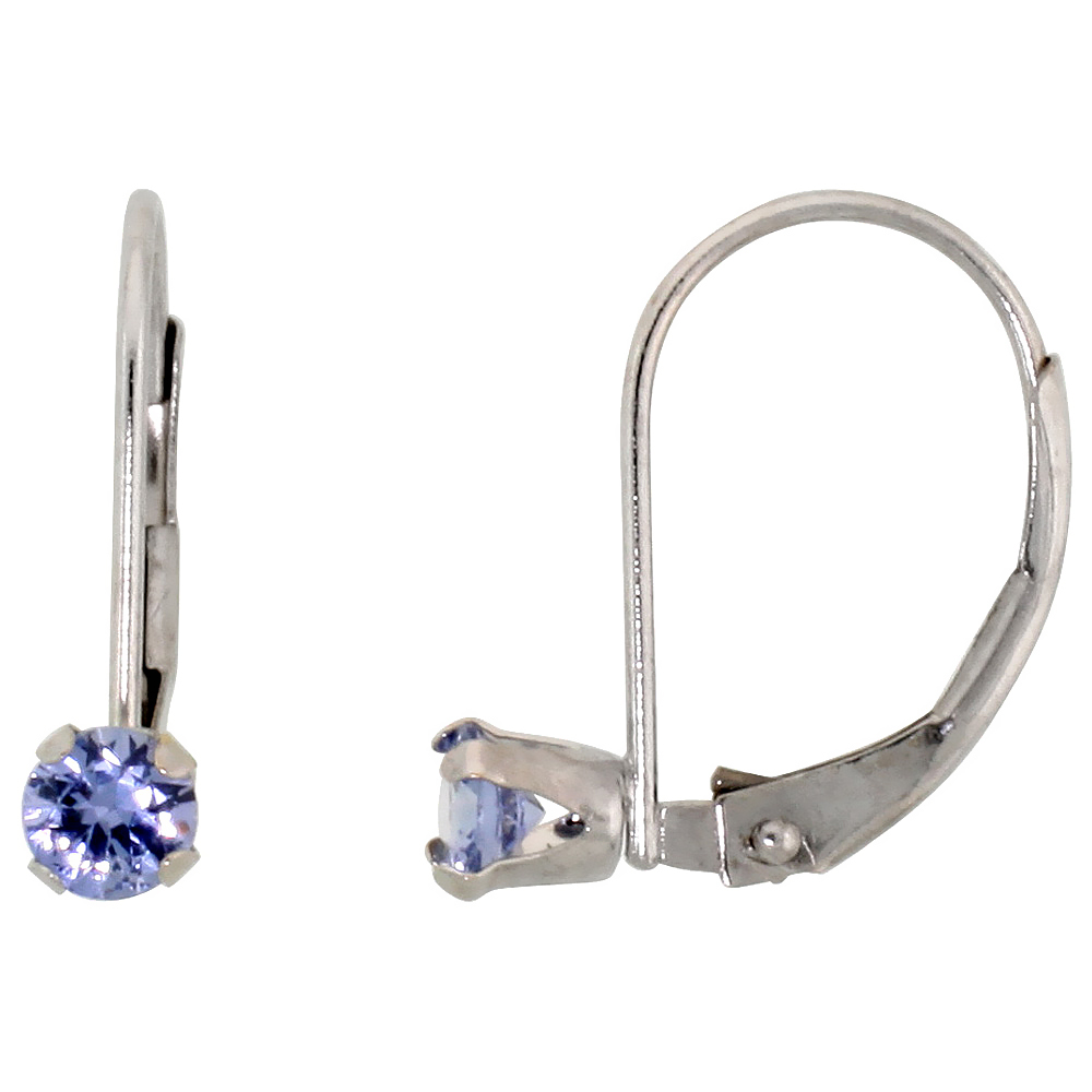 10K WHITE GOLD NATURAL BLUE TOPAZ LEVERBACK EARRINGS 3MM BRILLIANT CUT DECEMBER BIRTHSTONE 9/16 INCH TALL
