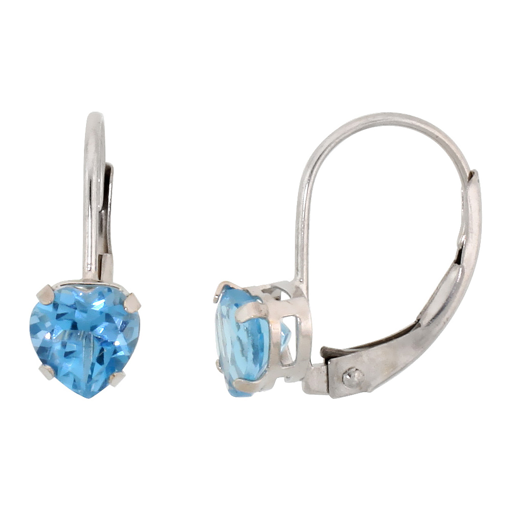 10K WHITE GOLD NATURAL BLUE TOPAZ HEART LEVERBACK EARRINGS 5MM DECEMBER BIRTHSTONE, 9/16 INCH LONG
