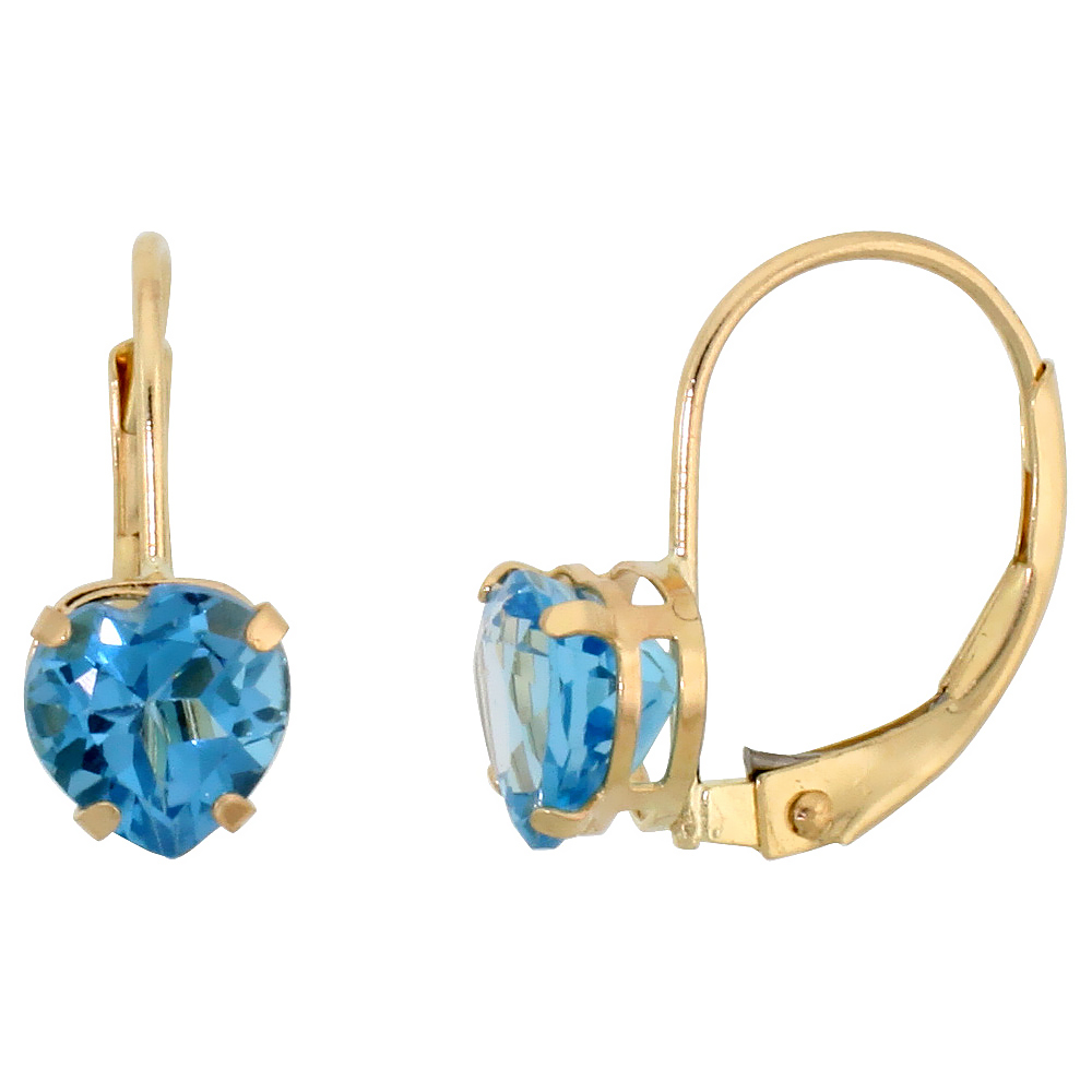 10K YELLOW GOLD NATURAL BLUE TOPAZ HEART LEVERBACK EARRINGS 6MM DECEMBER BIRTHSTONE, 9/16 INCH LONG