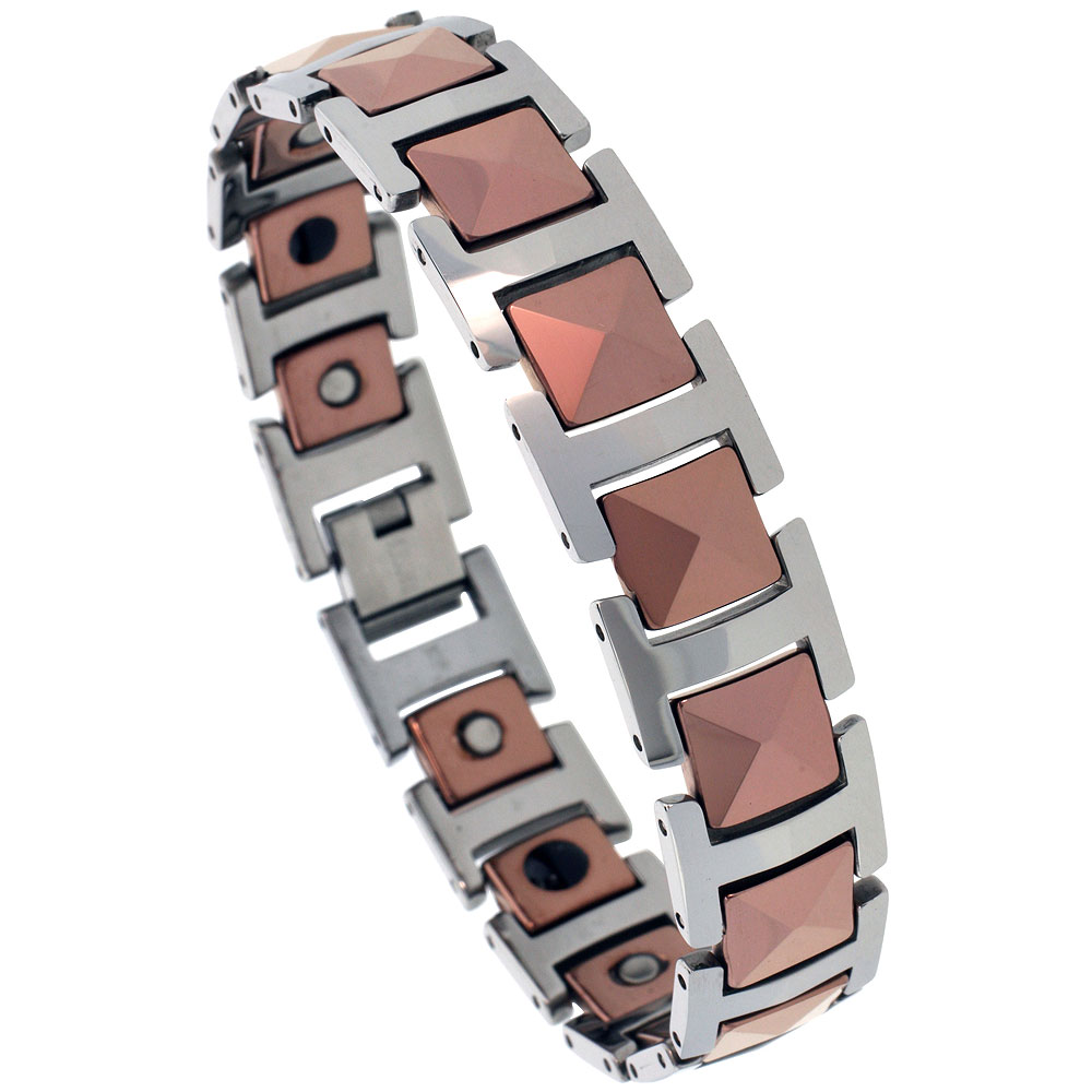 Tungsten Carbide Bracelet Magnetic Therapy 2-Tone Rose Faceted Links, 7/16 inch wide, 