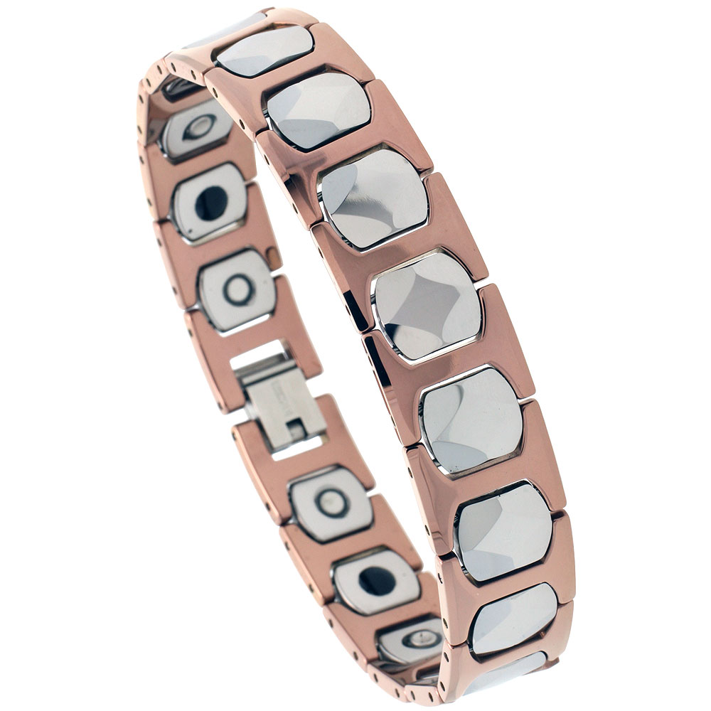 Tungsten Carbide Bracelet Magnetic Therapy 2-Tone Rose Faceted Square Links, 1/2 inch wide, 