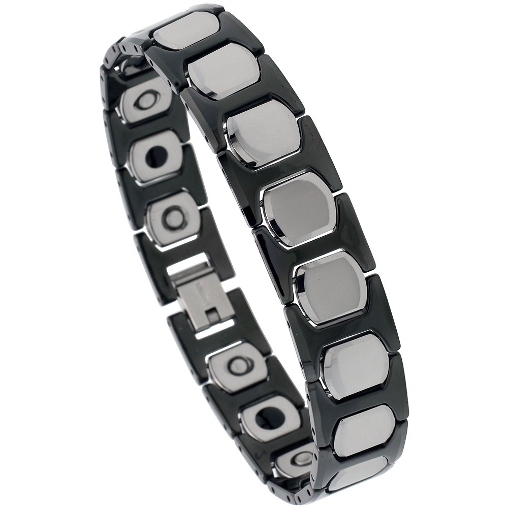 Tungsten &amp; Ceramic Bracelet Magnetic Therapy, 2-Tone Black &amp; Gun Metal, 1/2 inch wide, 