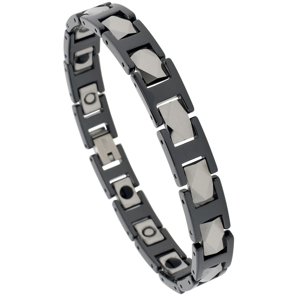Tungsten & Ceramic Bracelet Magnetic Therapy, 2-Tone Black & Gun Metal Diamond Faceted Rectangular Links, 3/8 inch wide, 