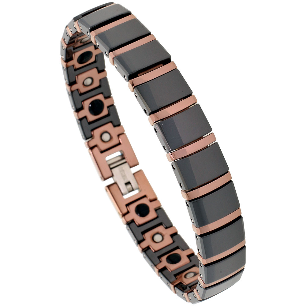 Tungsten & Ceramic Bracelet Magnetic Therapy, 2-Tone Black & Rose Gold Bar Links, 1/2 inch wide, 