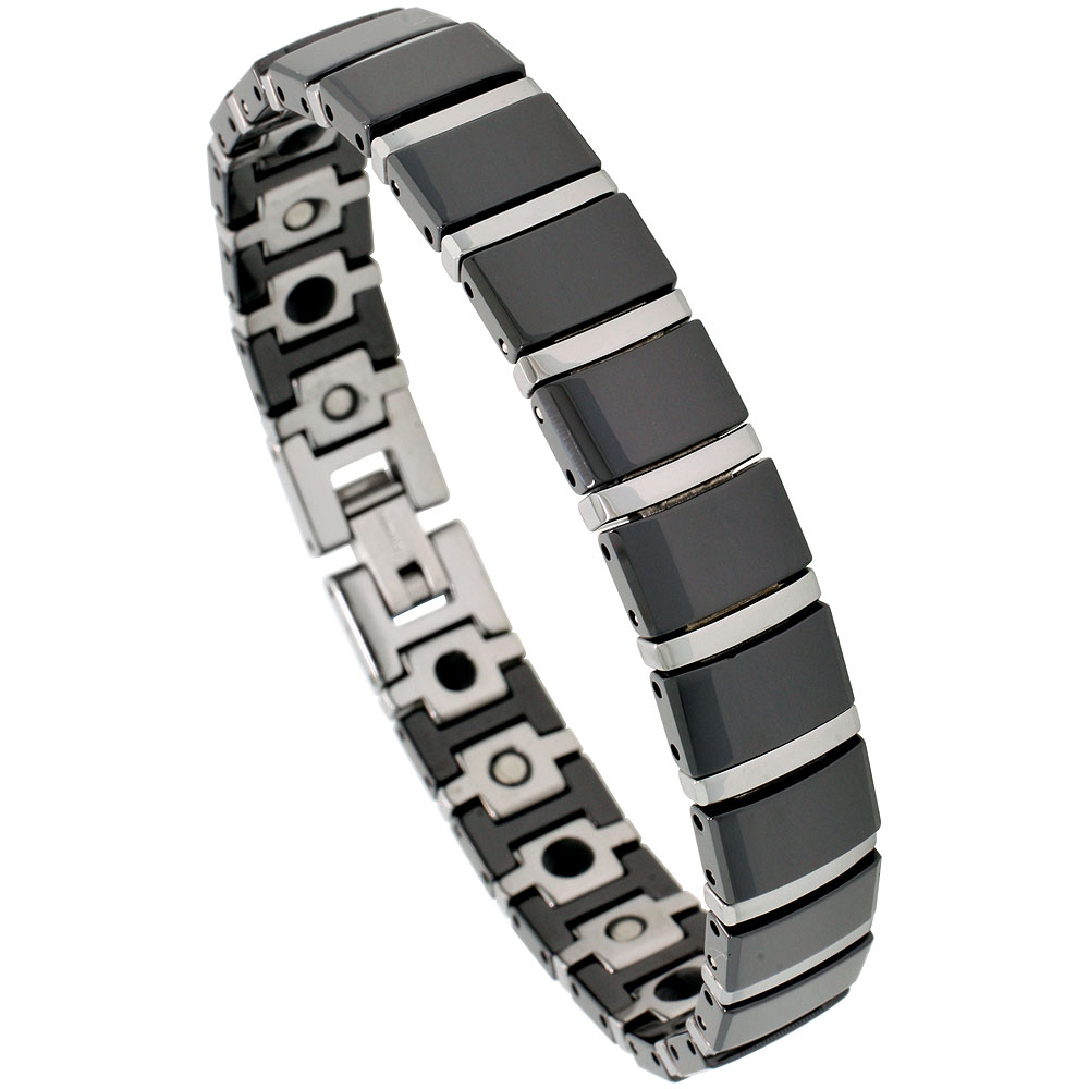 Tungsten & Ceramic Bracelet Magnetic Therapy, 2-Tone Black & Gun Metal Bar Links, 3/8 inch wide, 