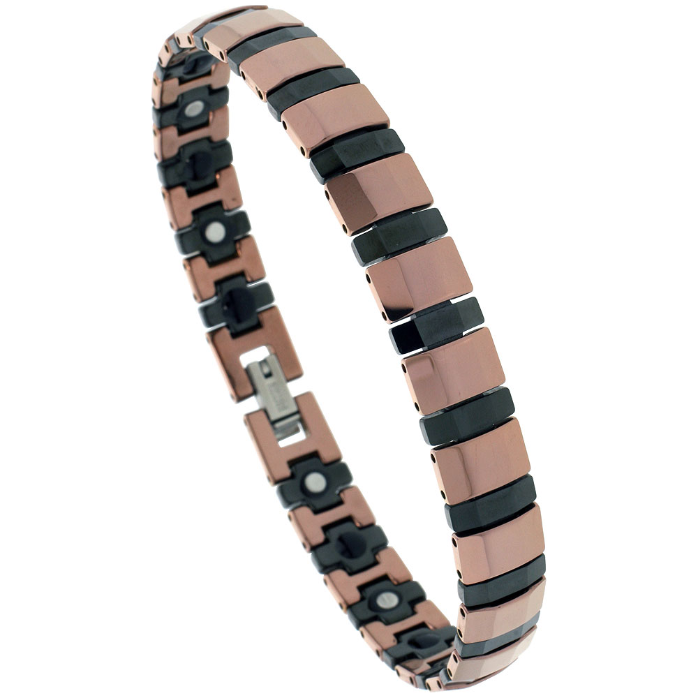 Tungsten &amp; Ceramic Bracelet Magnetic Therapy, 2-Tone Rose Gold &amp; Black Rectangular Faceted Bar Links, 3/8 inch wide, 