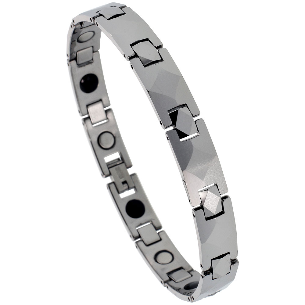 Tungsten Carbide Bracelet Magnetic Therapy Diamond-shaped Faceted Bar Links, 3/8 inch wide, 
