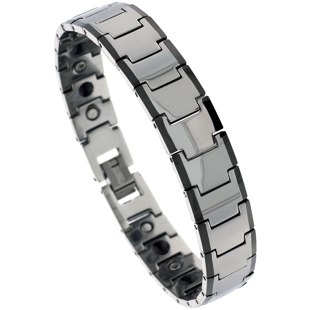 Tungsten Carbide Bracelet Magnetic Therapy Black Edge Bar Links, 5/8 inch wide, 