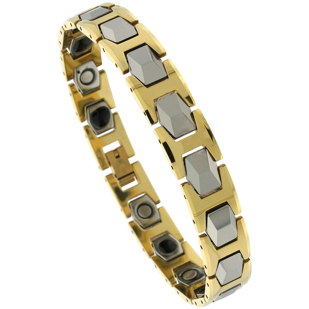 Tungsten Carbide Bracelet Magnetic Therapy, 2-Tone Gold & Gun Metal Faceted Hexagon Links, 1/2 inch wide, 