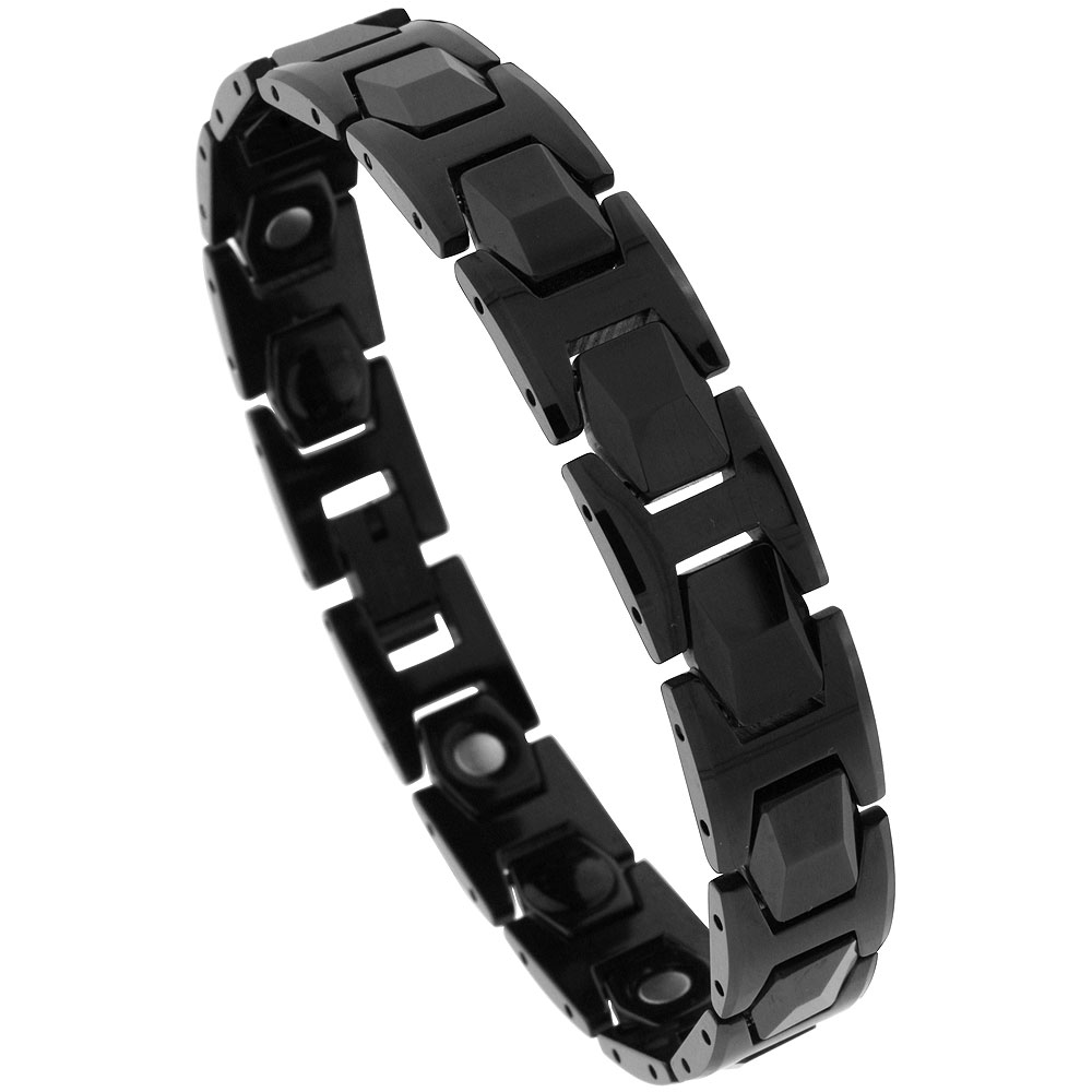 Tungsten Carbide Black Bracelet Magnetic Therapy Faceted Hexagon Links, 1/2 inch wide, 
