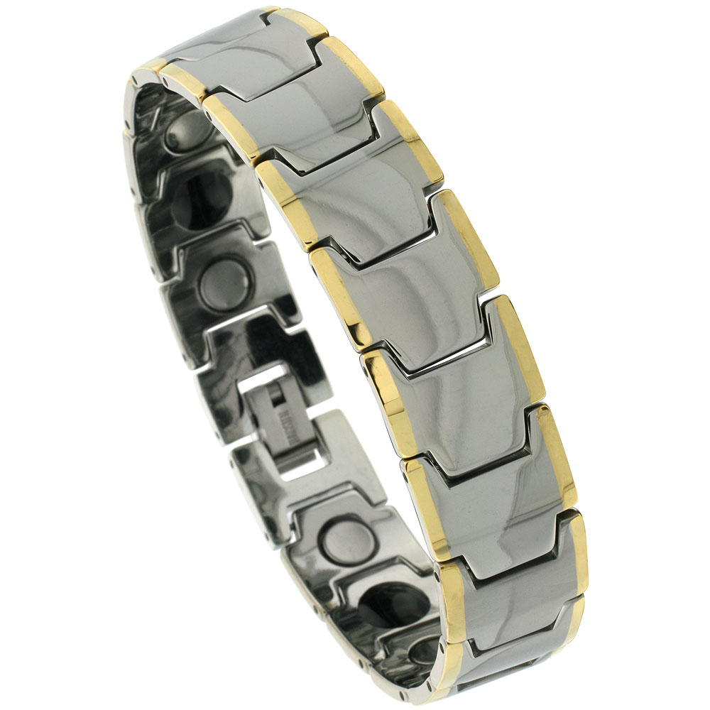 Tungsten Carbide Bracelet Magnetic Therapy Gold-tone Edge Bar Links, 5/8 inch wide, 