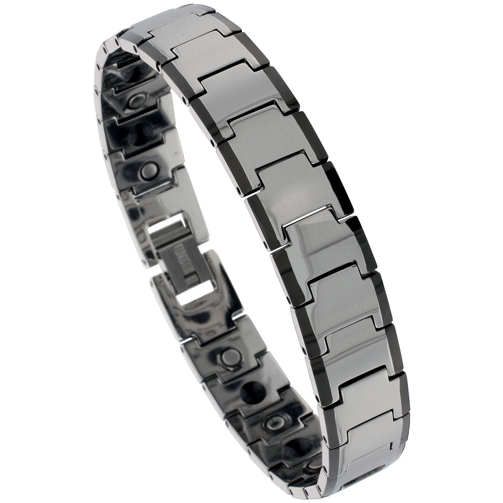 Tungsten Carbide Bracelet Magnetic Therapy, Black Edge Bar Links, 1/2 inch wide, 