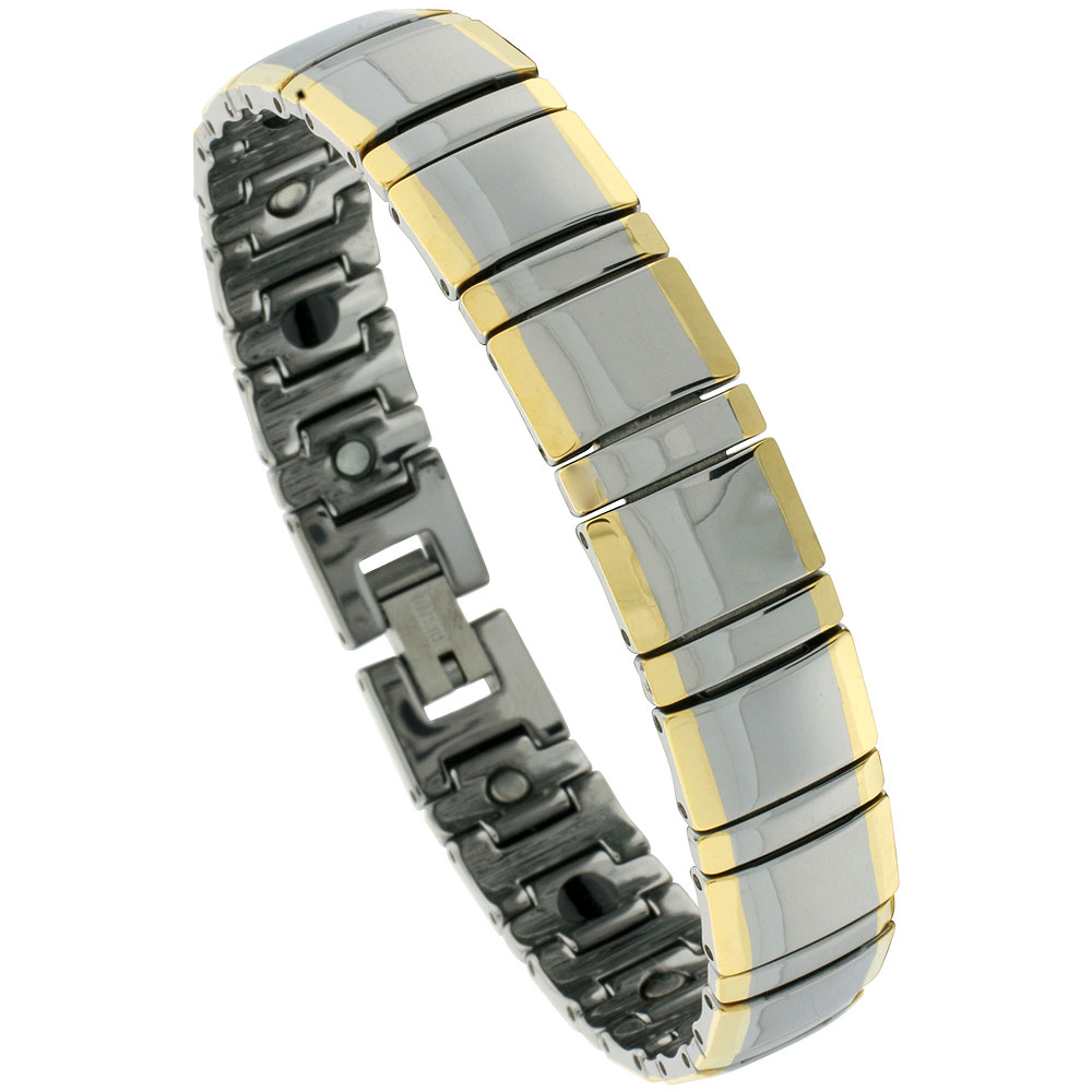 Tungsten Carbide Bracelet Magnetic Therapy Gold-Tone Edge Bar Links, 1/2 inch wide, 