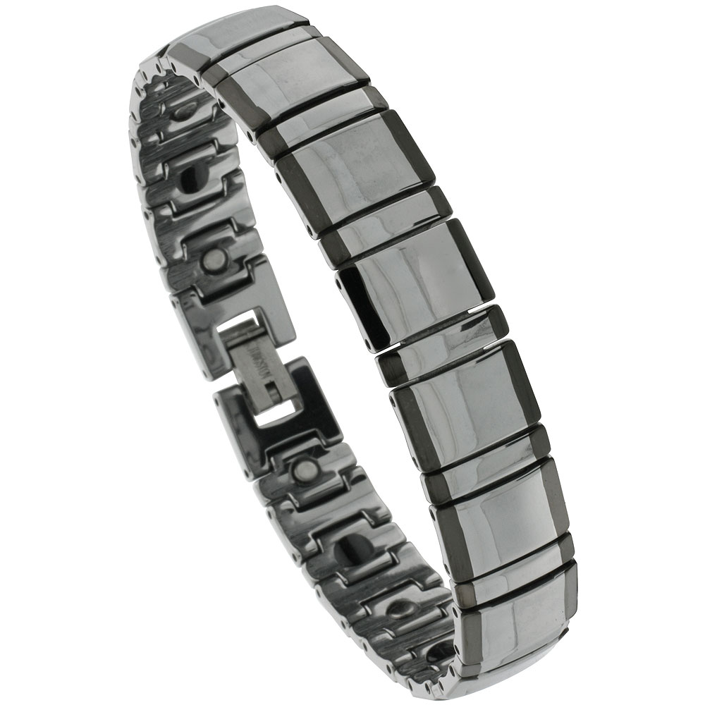 Tungsten Carbide Bracelet Magnetic Therapy Black Edge Bar Links, 1/2 inch wide, 