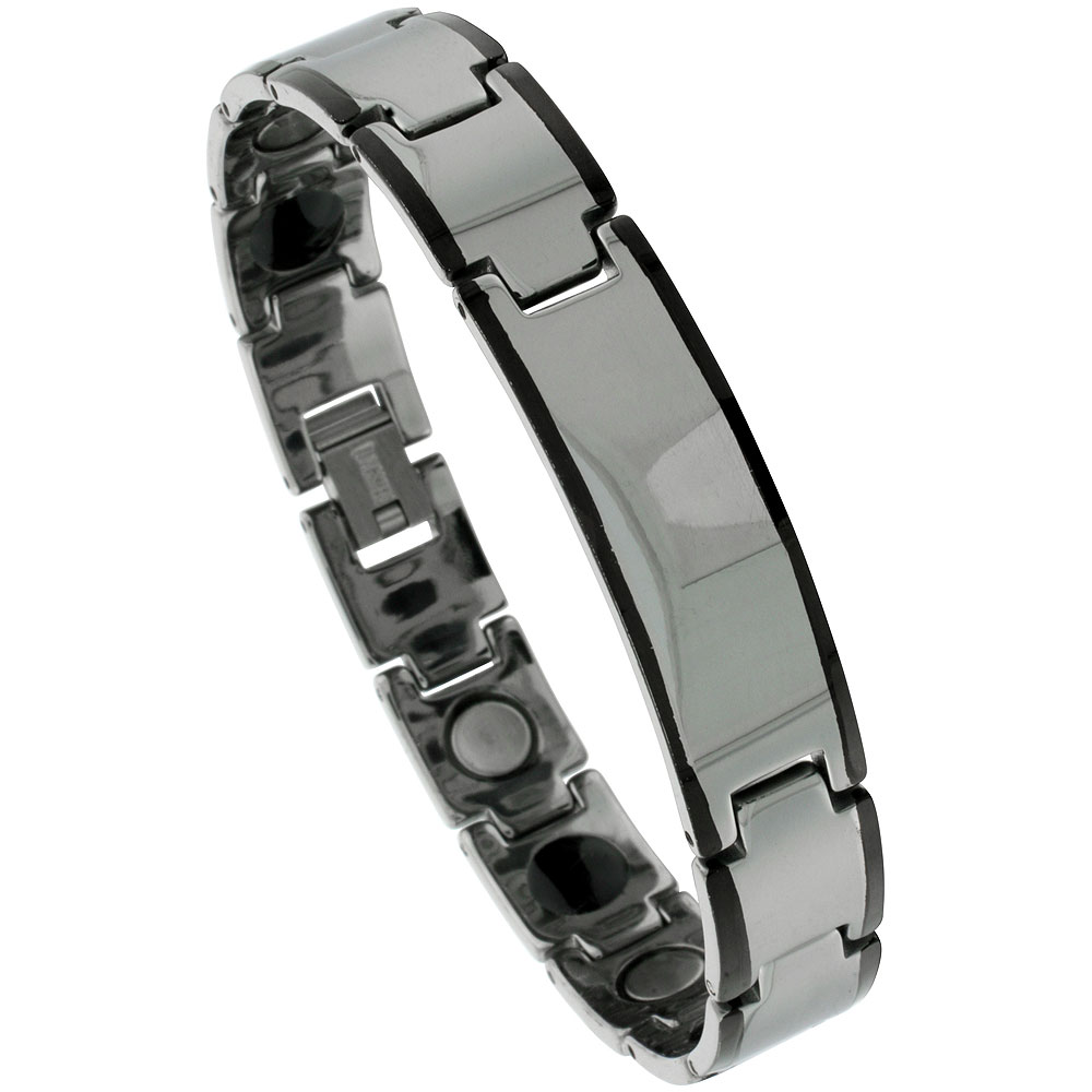 Tungsten Carbide ID Bracelet Magnetic Therapy Black Edge Bar Links, 1/2 inch wide, 