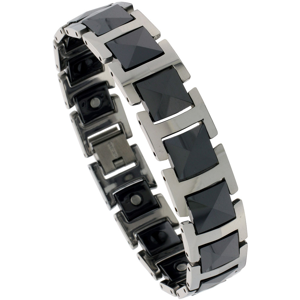 Tungsten & Ceramic Bracelet Magnetic Therapy, 2-Tone Black Faceted Links, 7/16 inch wide, 