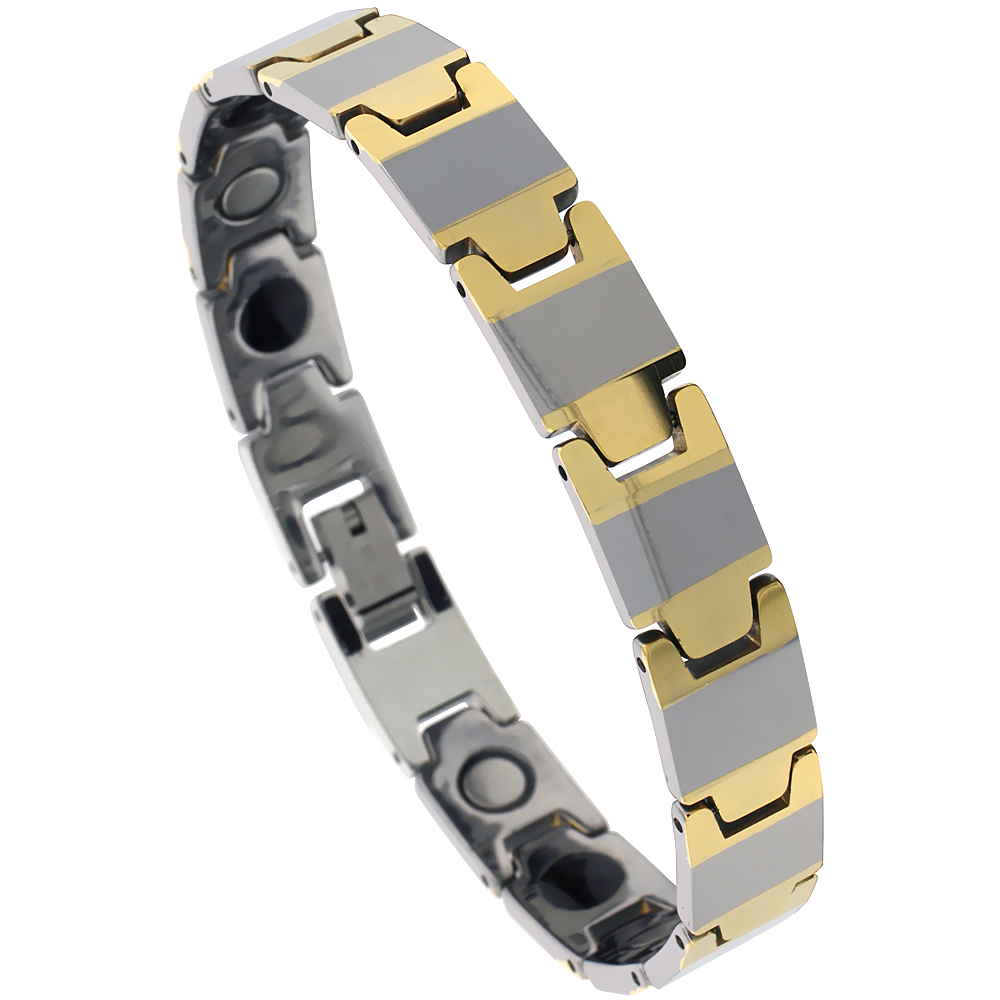 Tungsten &amp; Ceramic Bracelet Magnetic Therapy, 2-Tone Gun Metal &amp; Gold Bar Links, 3/8 inch wide, 