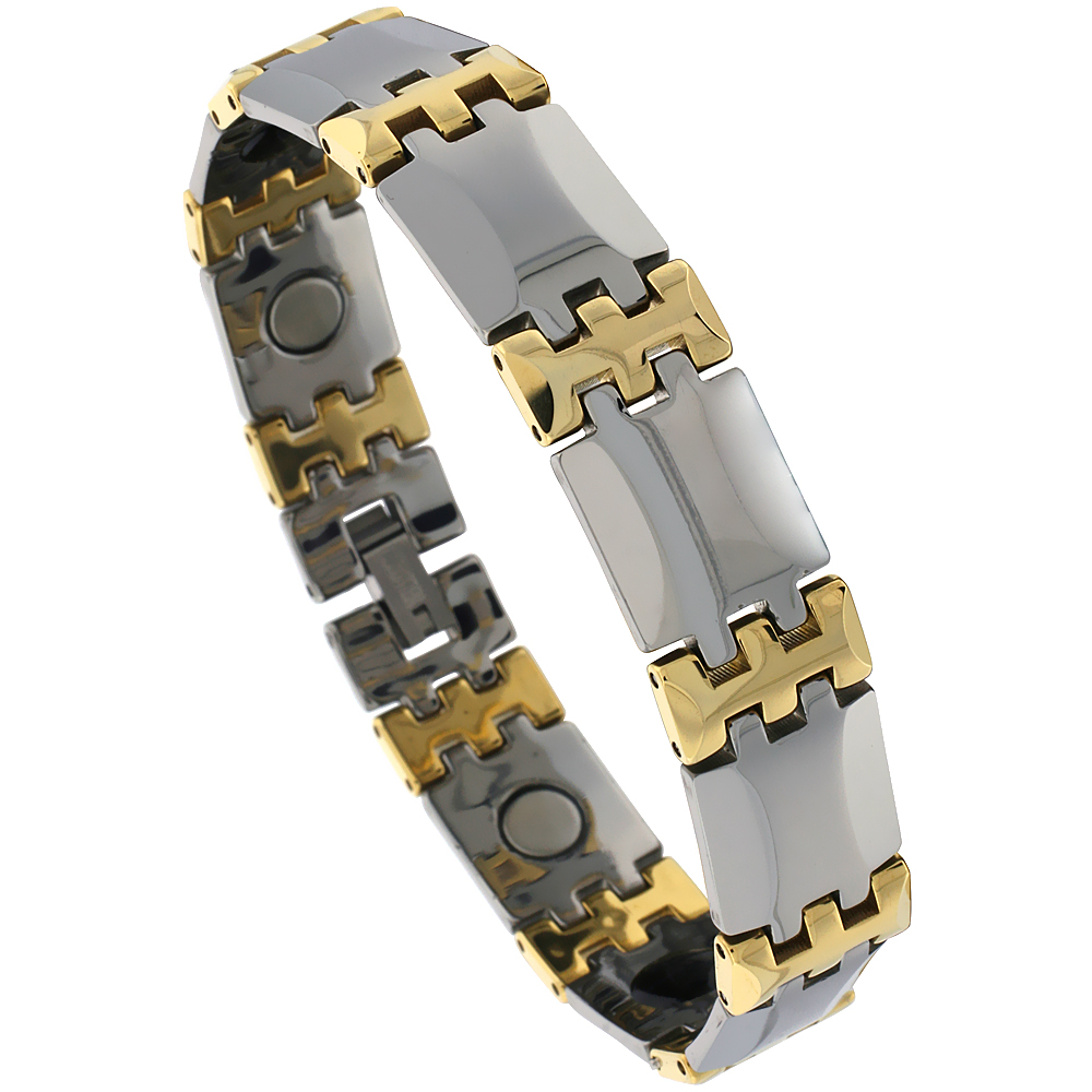 Tungsten Bracelet Magnetic Therapy, 2-Tone Gun Metal & Gold Bar Links, 1/2 inch wide, 