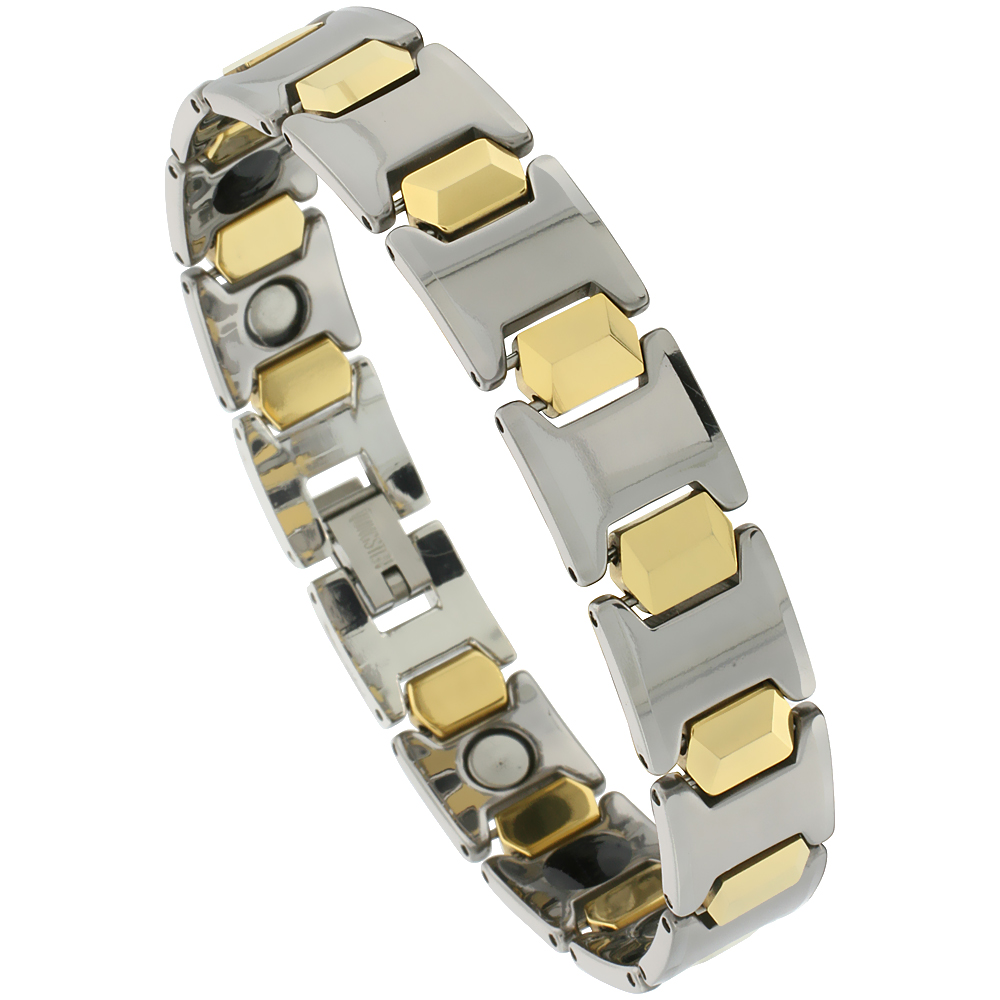 Tungsten Carbide Bracelet Magnetic Therapy, 2-Tone Gun Metal &amp; Gold Bar Links, 1/2 inch wide,