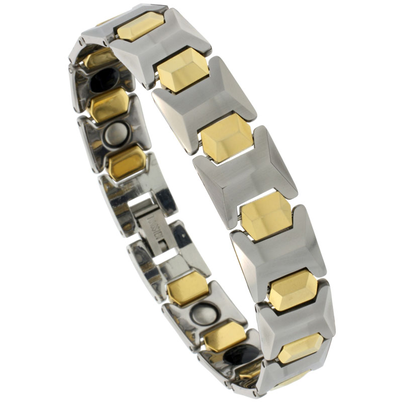 Tungsten Carbide Bracelet Magnetic Therapy, 2-Tone Gun Metal &amp; Gold Faceted Bar Links, 1/2 inch wide, 