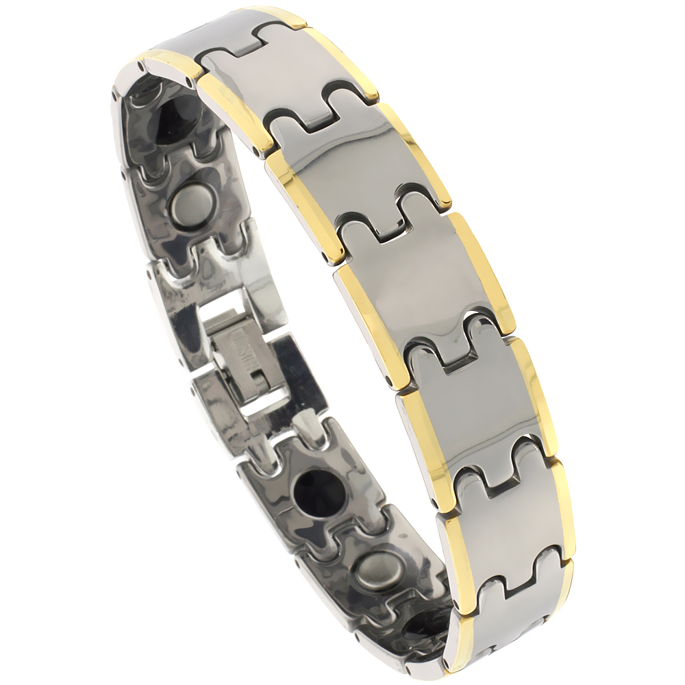 Tungsten Carbide Bracelet Magnetic Therapy, 2-Tone Gun Metal &amp; Gold Bar Links, 1/2 inch (12.5 mm) wide,
