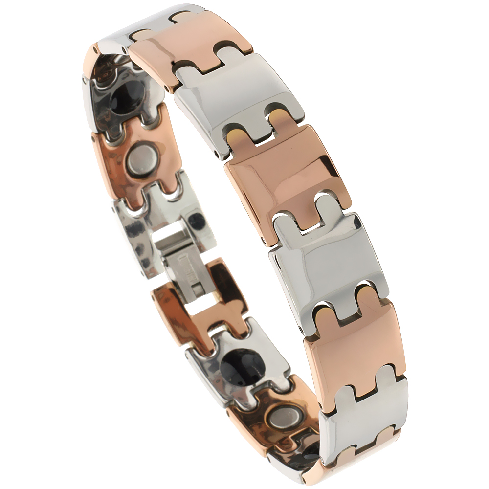 Tungsten Carbide Bracelet Magnetic Therapy, 2-Tone Gun Metal &amp; Rose Gold Bar Links, 1/2 inch wide,