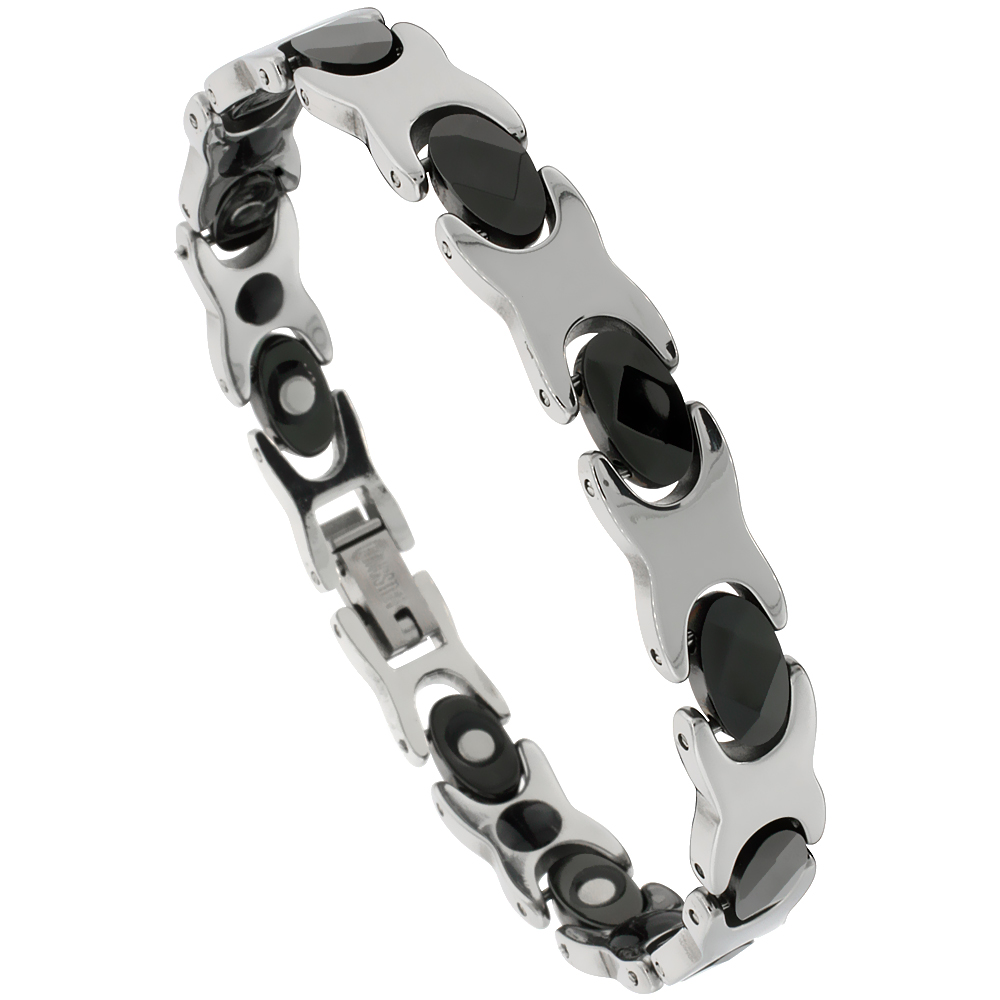 Tungsten Carbide Bracelet Magnetic Therapy, 2-Tone Gun Metal & Black Hugs & Kisses XOXO Links, 5/16 inch wide, 
