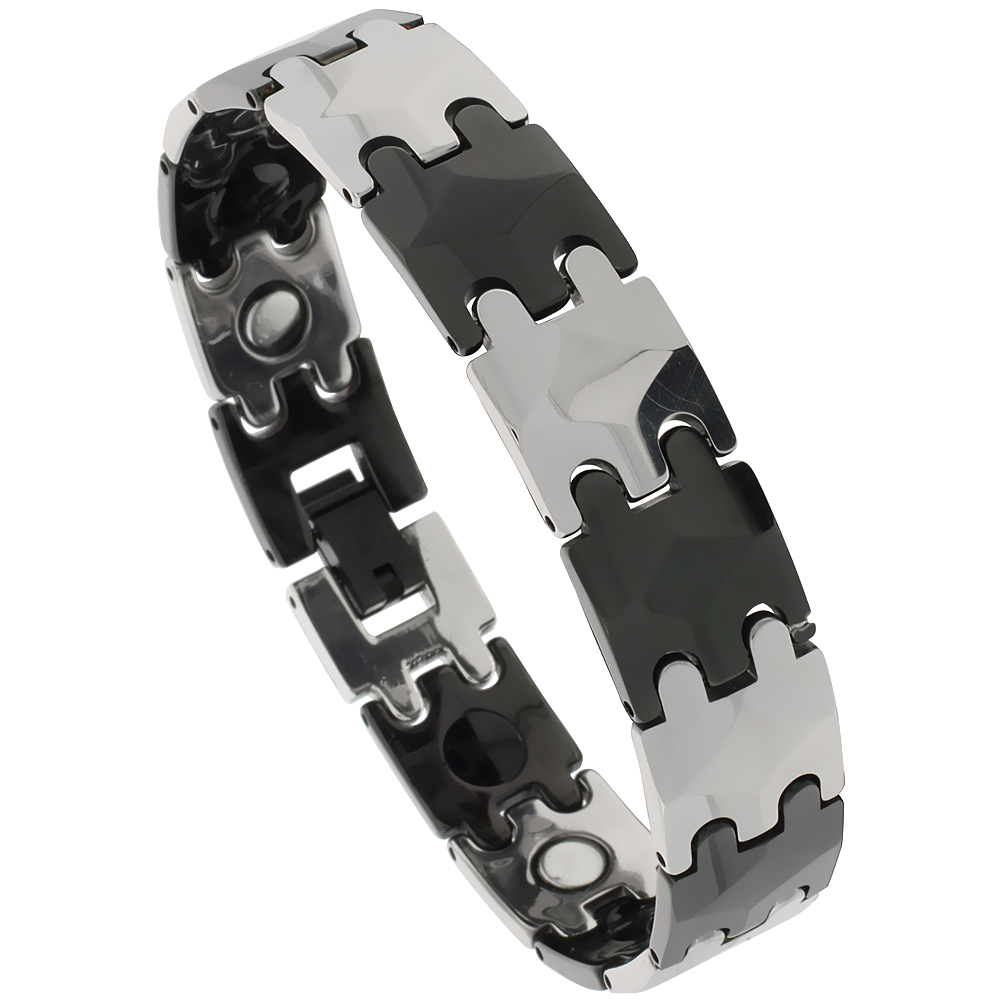 Tungsten Carbide Bracelet Magnetic Therapy, 2-Tone Gun Metal & Black Bar Links, 1/2 inch wide, 