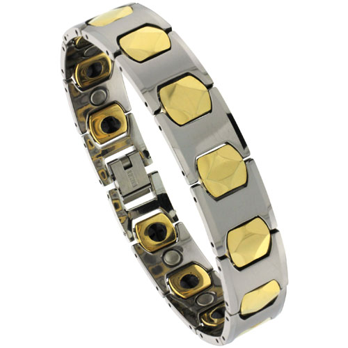 Tungsten Carbide Bracelet Magnetic Therapy, 2-Tone Gun Metal &amp; Gold colors, 1/2 inch wide, 