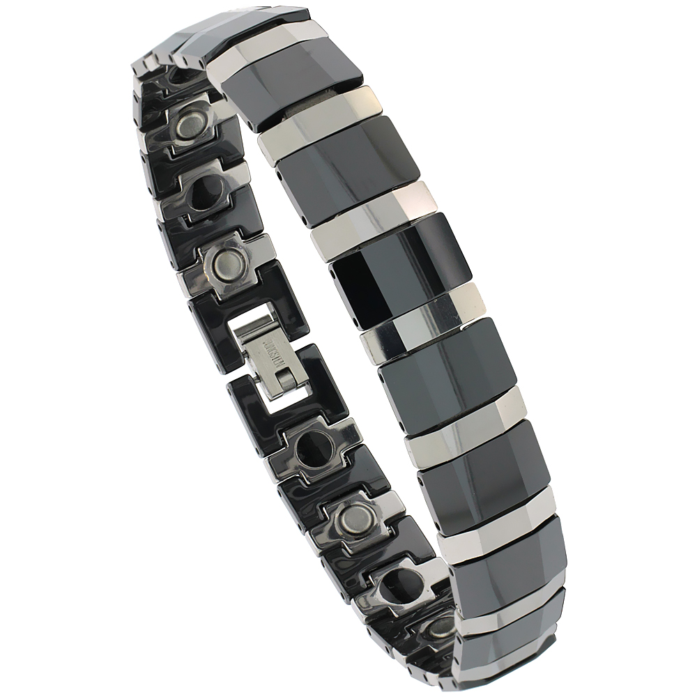 Tungsten Carbide Bracelet Magnetic Therapy, 2-Tone Gun Metal &amp; Black Faceted Bar Links, 1/2 inch wide, 