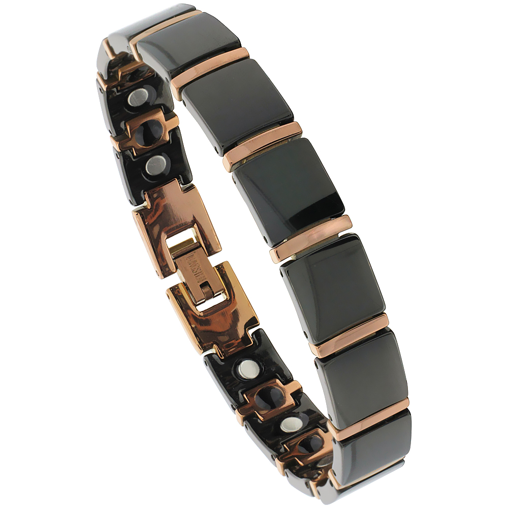 Tungsten Carbide Bracelet Magnetic Therapy, 2-Tone Rose Gold &amp; Black Bar Links, 1/2 inch wide, 