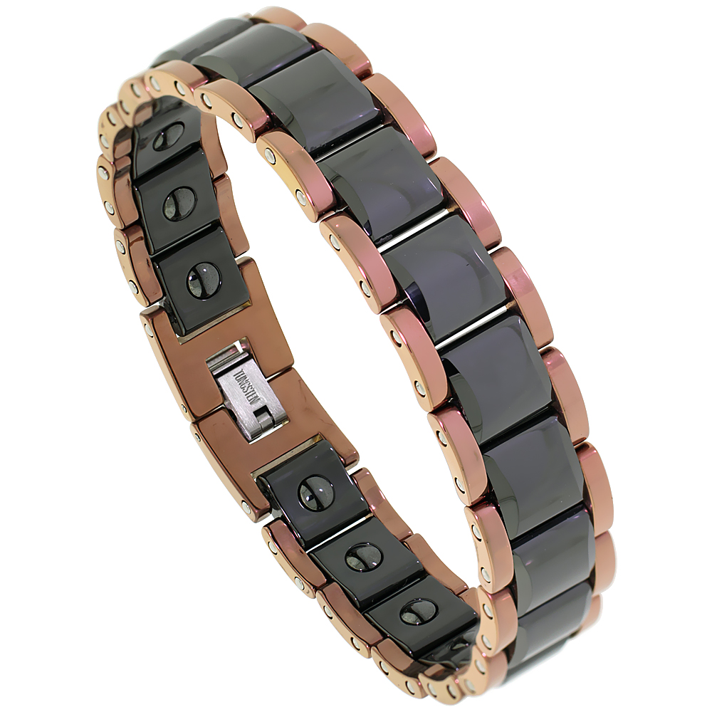 Tungsten Carbide Bracelet Magnetic Therapy, 2-Tone Rose Gold &amp; Black Faceted Square Links 9/16 inch wide