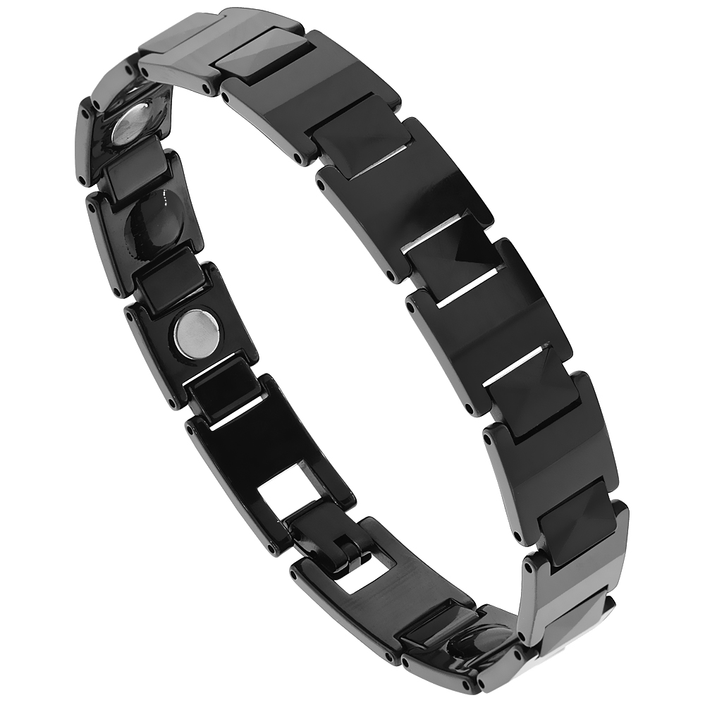 Tungsten Carbide Black Bracelet Magnetic Therapy Faceted Hexagon Links, 1/2 inch wide, 