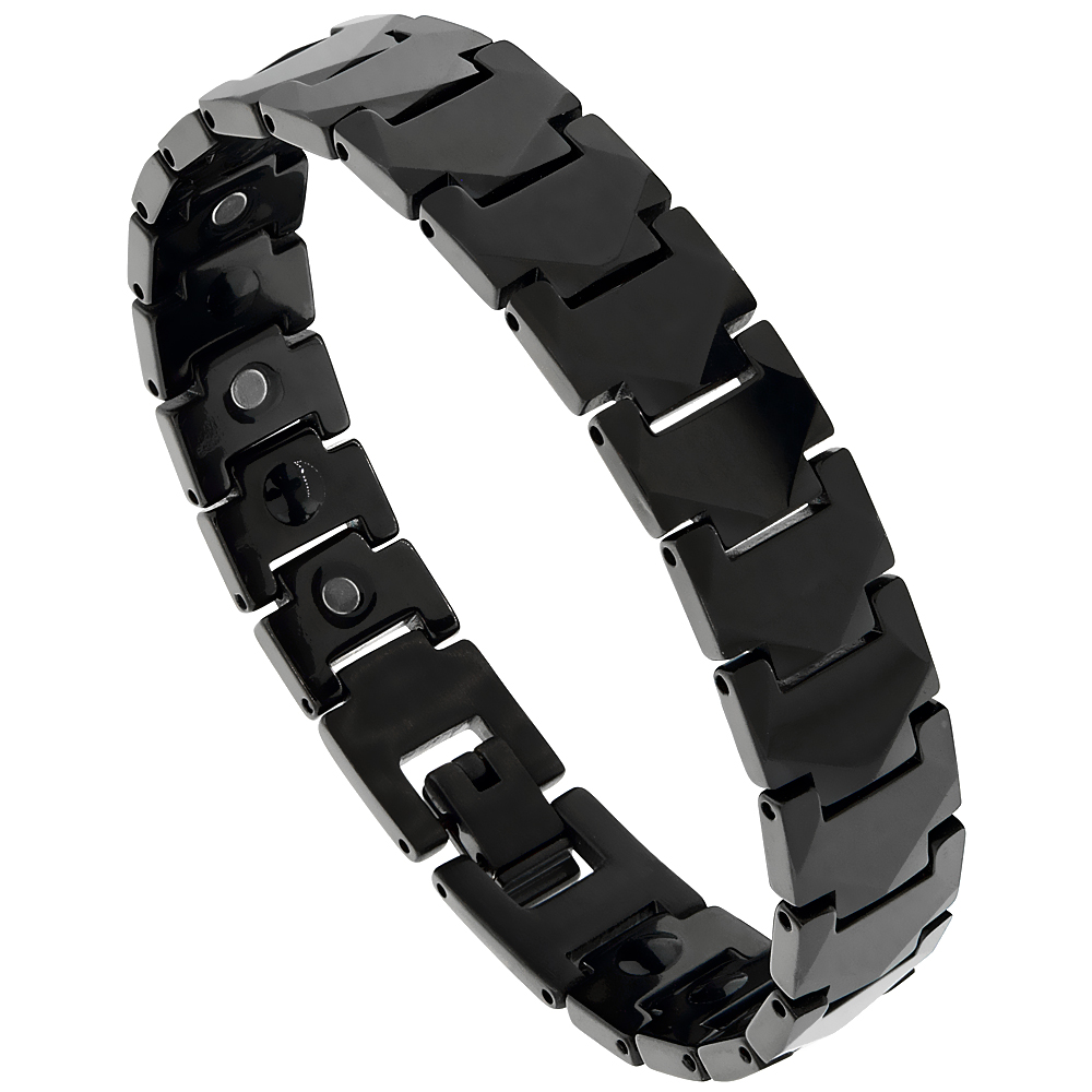Tungsten Carbide Black Bracelet Magnetic Therapy Faceted Hexagon Links, 7/16 inch wide, 7.75, 8 inches long