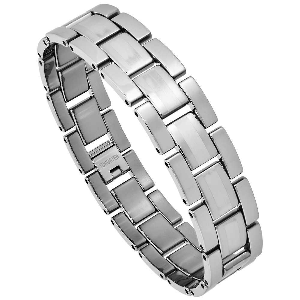 Tungsten Bracelet Magnetic Therapy Polished and Brushed-Satin Stripe Center, 5/8 inch wide