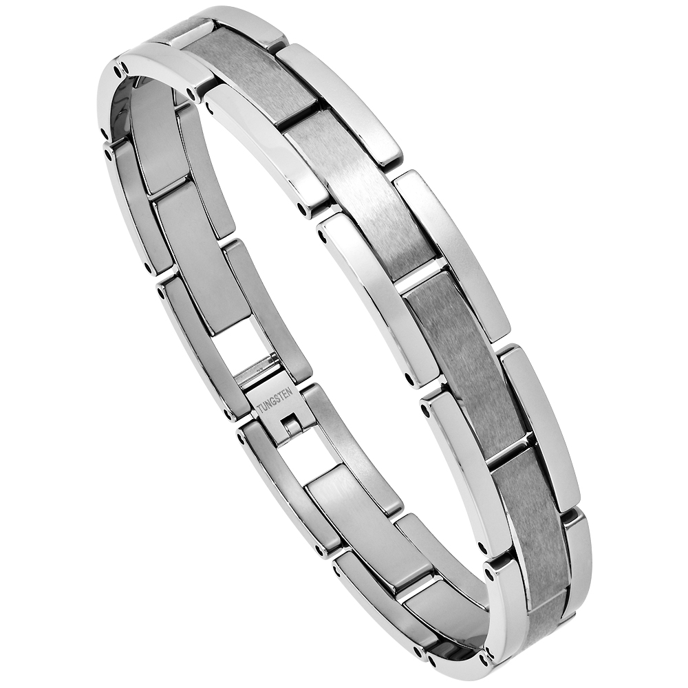 Tungsten Bracelet Magnetic Therapy Polished Gunmetal Stripe Center Links, 1/2 inch wide