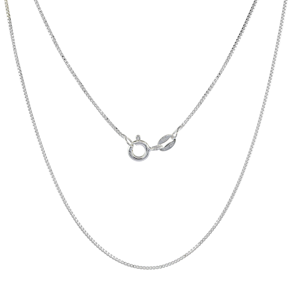 Sterling Silver Box Chain Necklace 0.8mm Very Thin Nickel Free Italy Sizes 7-30 inch sizes