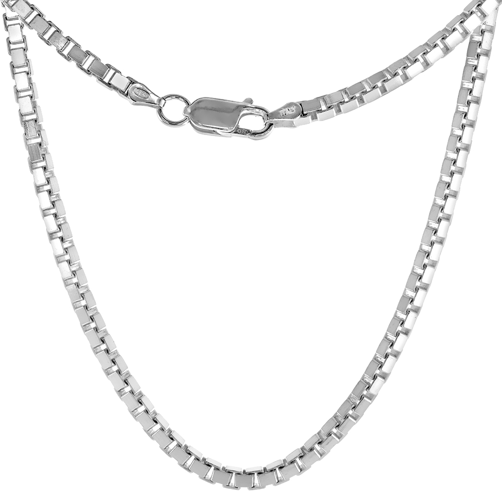 Large Sterling Silver 3mm Box Chain Necklaces and Bracelets for Men Heavy Weight Mirror Cut Square Nickel Free Italy 7-30 inch