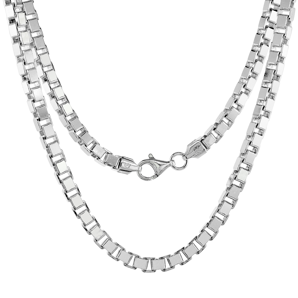 Large Sterling Silver 4.5mm Box Chain Necklaces and Bracelets for Men and Women Heavy Weight Mirror Cut Nickel Free Italy 7-30 inch