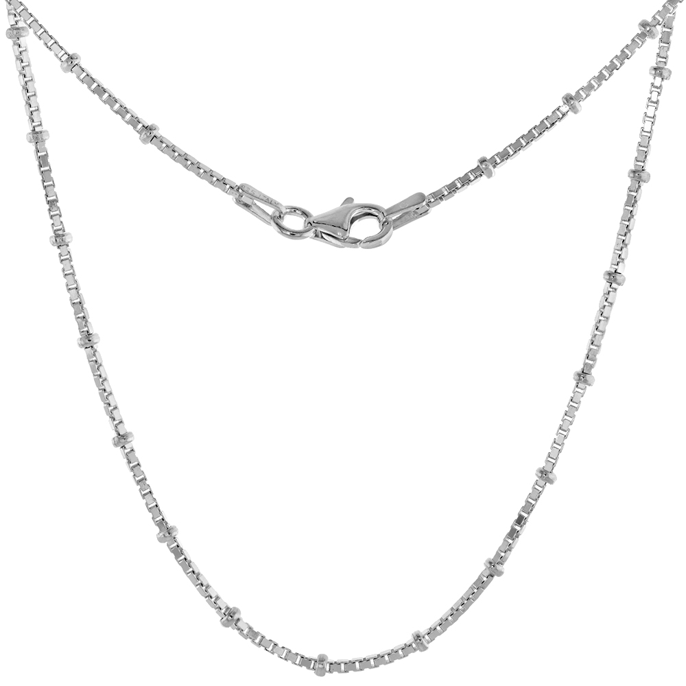 Sterling Silver 1.2mm Station BOX Chain Necklaces and Anklets Nickel Free Italy Sizes 16 - 24 inch