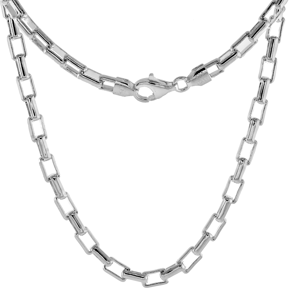 Sterling Silver 4mm Long Box Chain Necklaces and Bracelets for Men Medium Heavy Nickel Free Italy 7-30 inch